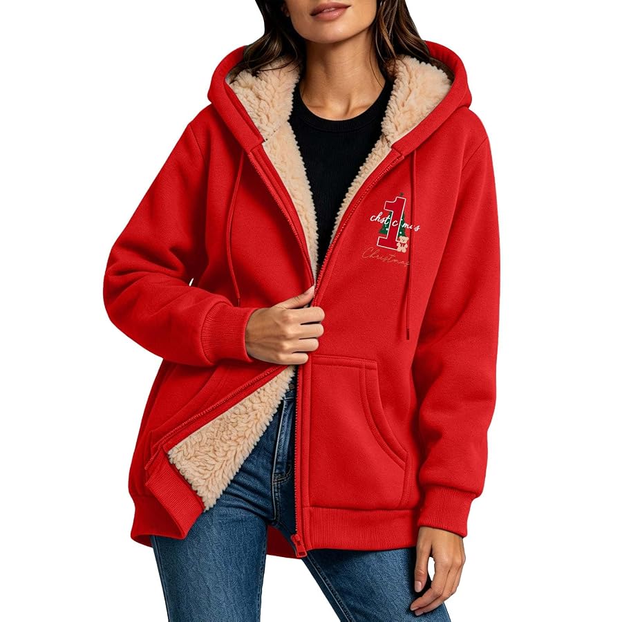 Hoodie Damen Weihnachten Druck Sweatjacke mit Kapuze Fleece Gefüttert Jacke | Guhmomh Rot XL Weihnachtspullover Christmas Zip Sweatshirt mit Kapuze Winter Lustig Tops Teenager Mädchen Oberteile, Bild 8