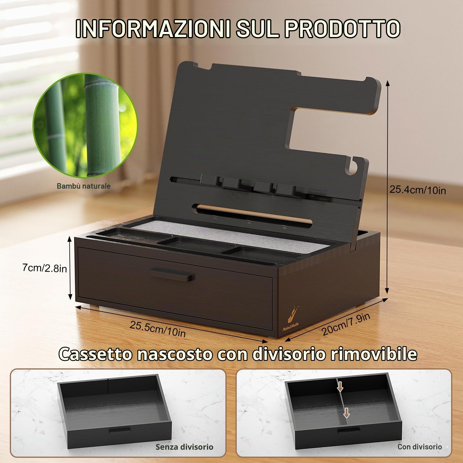 Pezin & Hulin Vassoio Organizer per Comodino in Legno, Docking Station per Telefono in Bambù con Cassetto, Vassoio Valet da Comodino per Multi-Dispositivo, Ideale per Marito Lui Fidanzato Laurea
