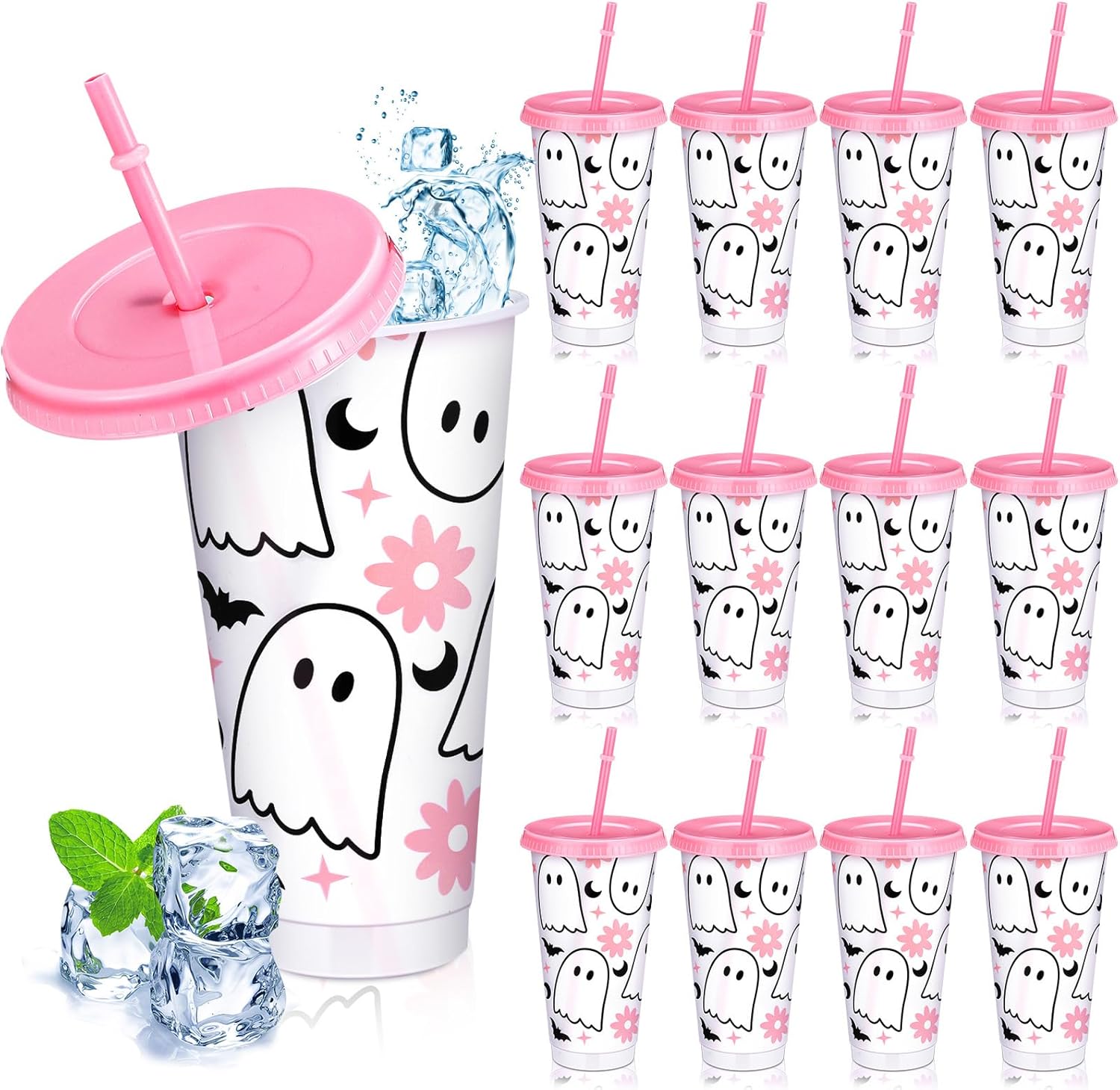 12 Pcs Halloween Plastic Cups with Lids and Straws 24 oz Reusable Pink Halloween Tumbler Ghost Drinking Coffee Cup for Women Home Office Decoration Birthday Party Favors