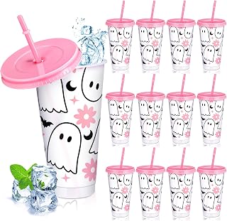 12 Pcs Halloween Plastic Cups with Lids and Straws 24 oz Reusable Pink Halloween Tumbler Ghost Drinking Coffee Cup for Women Home Office Decoration Birthday Party Favors
