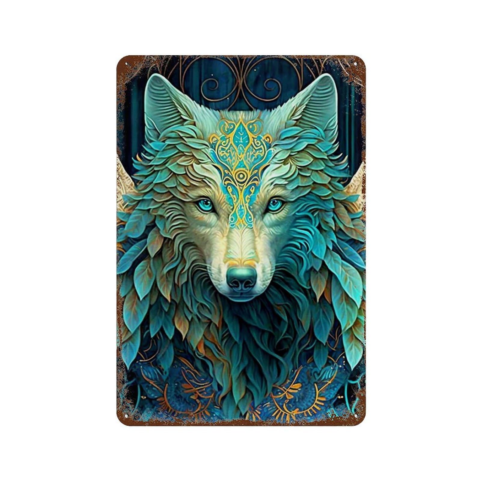 Distressed Metal Wall Sign with Wolf Design 11.8"x7.9", for Cafe, Home Bar And Lounge Decor, Retro Wall Decor
