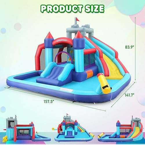 Miniatura 4 de DREAMVAN Tobogán acuático inflable parque acuático 8 en 1 con soplador de 580 W castillo de salto gigante con 2 toboganes tiro de pelotas pared de