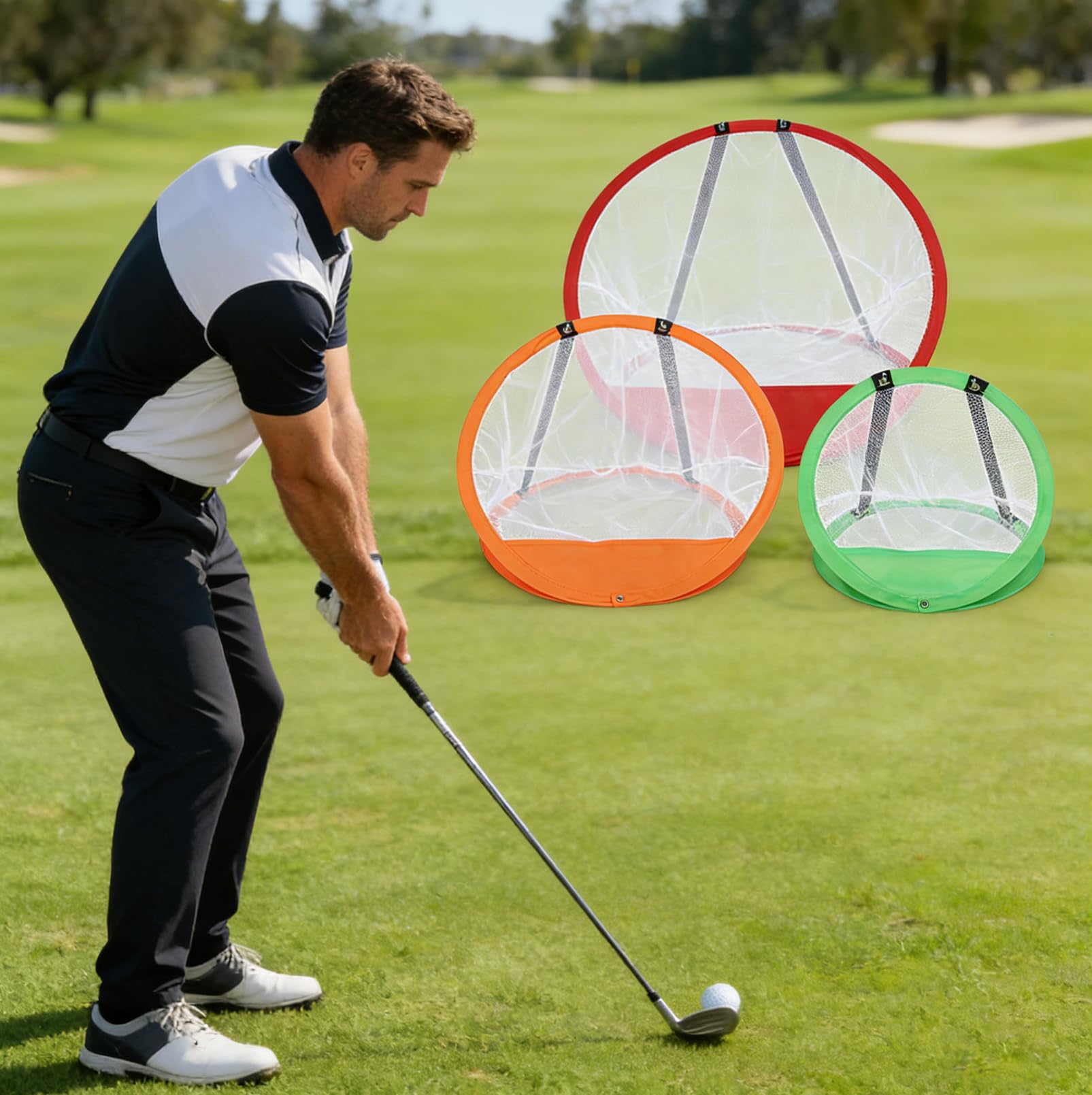 Golf Übungsnetz Set, Golf Chipping Netz mit 3 Farbigen Chipping Netzen, GolfTrainingsnetz Kit mit Doppelte Rasenmatte,12 PU Übungsbällen,5 Tees,Indoor Outdoor GolfSimulator für Garten Terrasse Übung