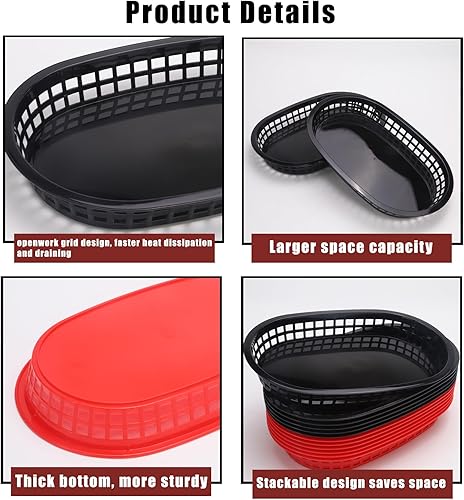 Miniatura 2 de Pistole Paquete de 12 cestas de comida rápida de 10.5 x 7 pulgadas, canastas ovaladas de plástico rojo y negro, bandeja de almacenamiento