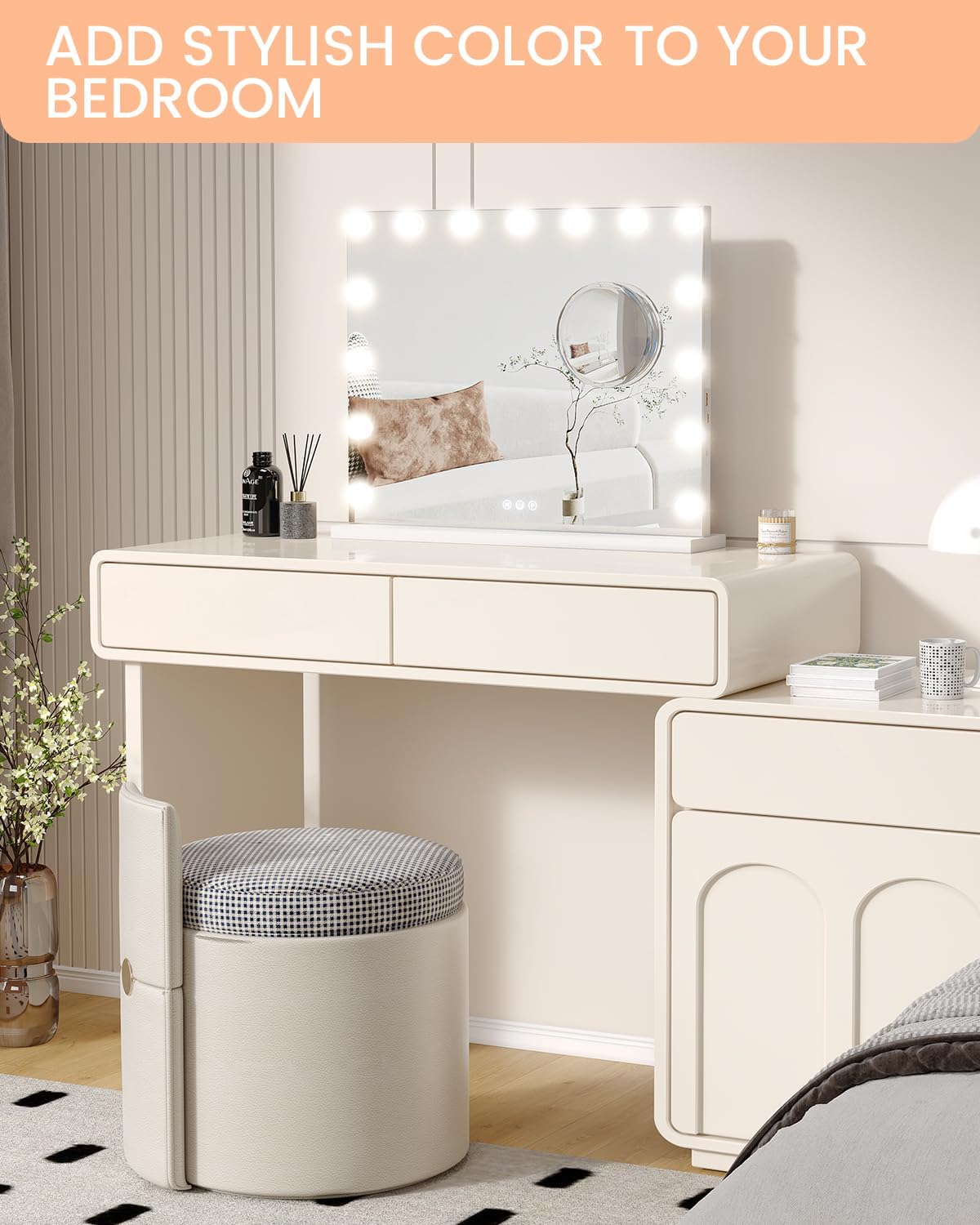 IDEALHOUSE Vanity Mirror with Lights, 2024 New Makeup Mirror with 15 LED Bulbs, 3 Colors Modes, USB & Type-C Charging Port, 3X Detachable Magnifying Mirror, White (23" x 18")
