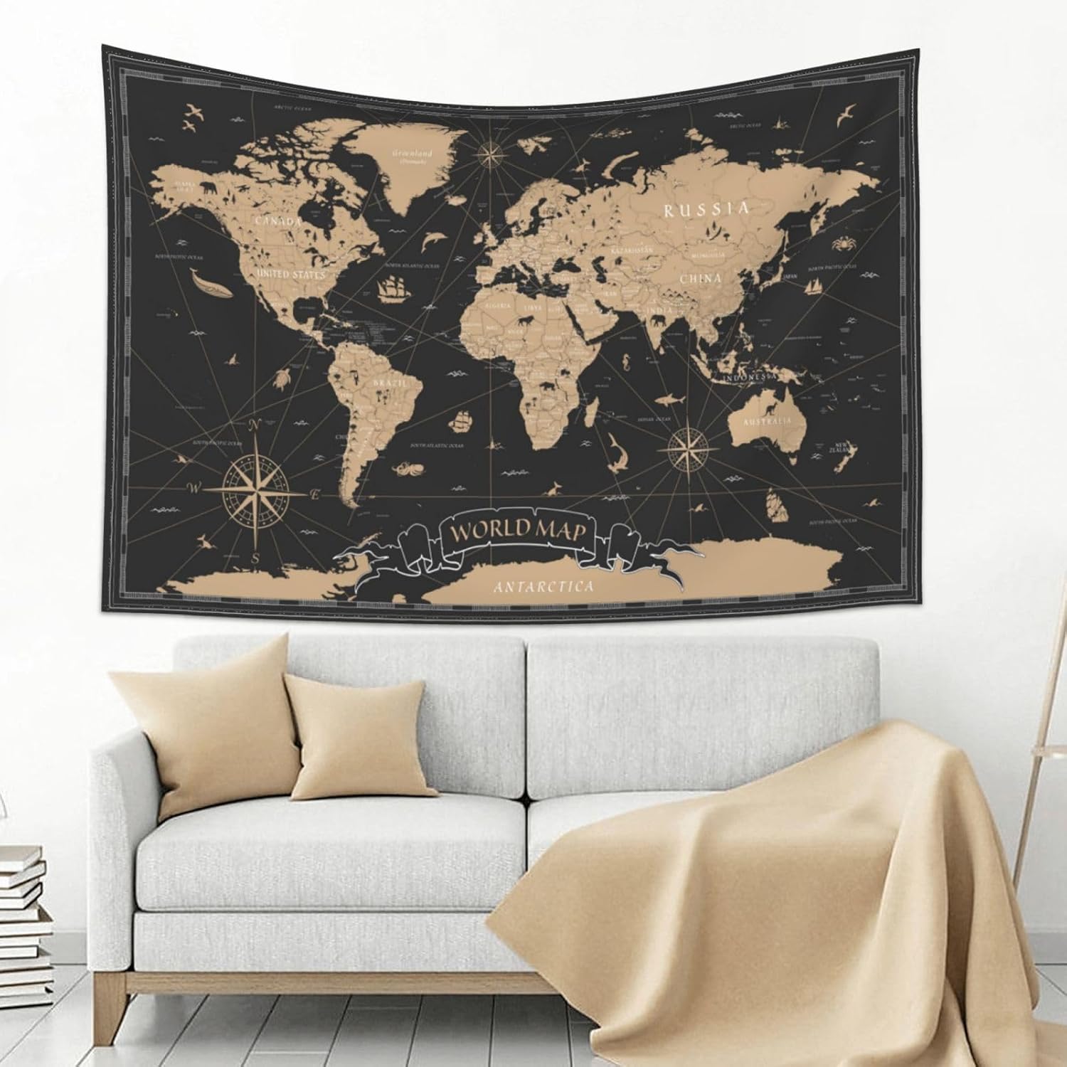 MOUNDHONG Retro World Map Black Tapestry Wall Hanging, Art Tapestry Retro Wall Art Large Wall Tapestries for Bedroom College Dorm Living Room Decor 60 x 90 in