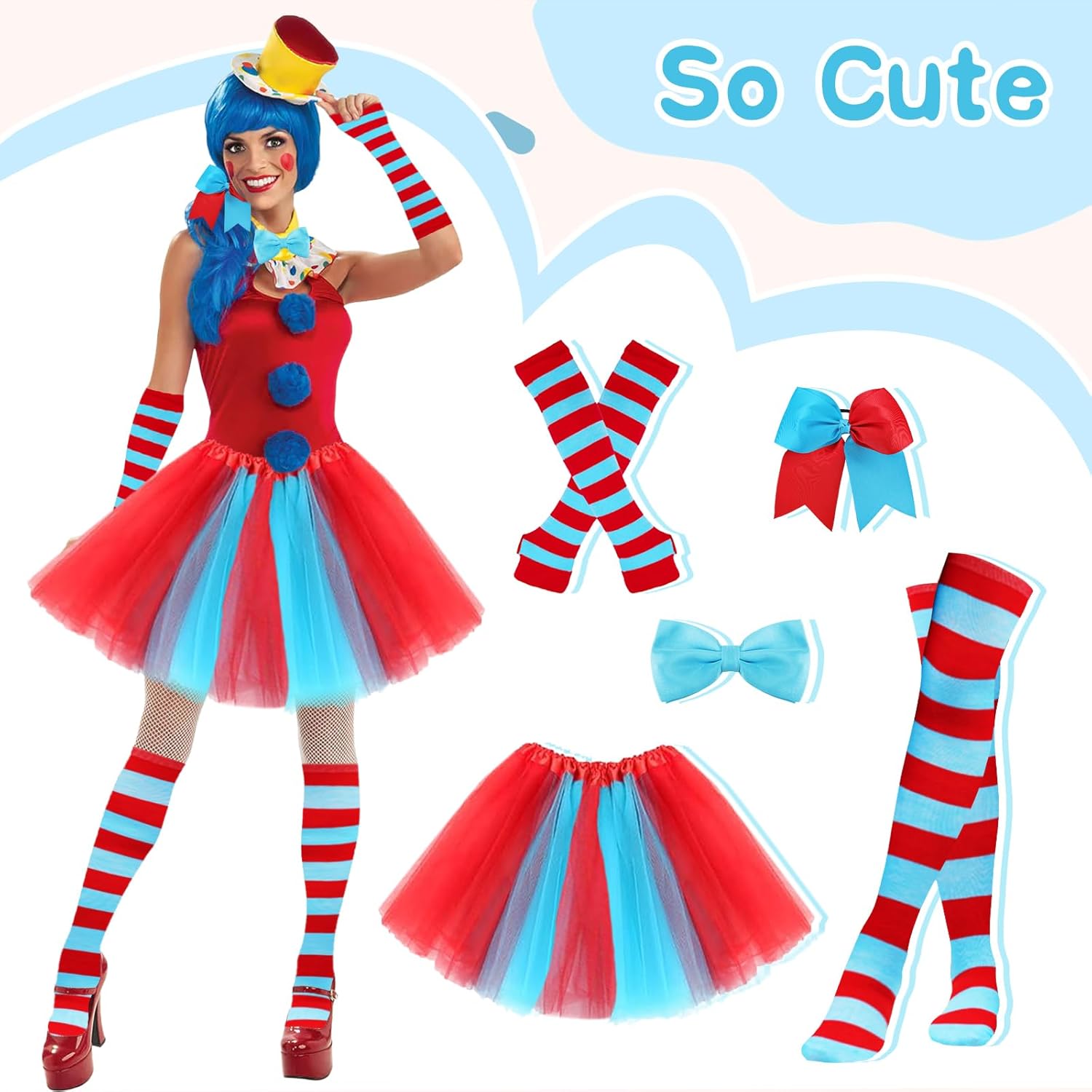 5 PCS World Book Day Thing Costume - Include Red Blue Large Bows Hair Ties Tutu Skirt Bowtie Striped Gloves and Knee Socks for 101 Days of School Dress Up - Image 3