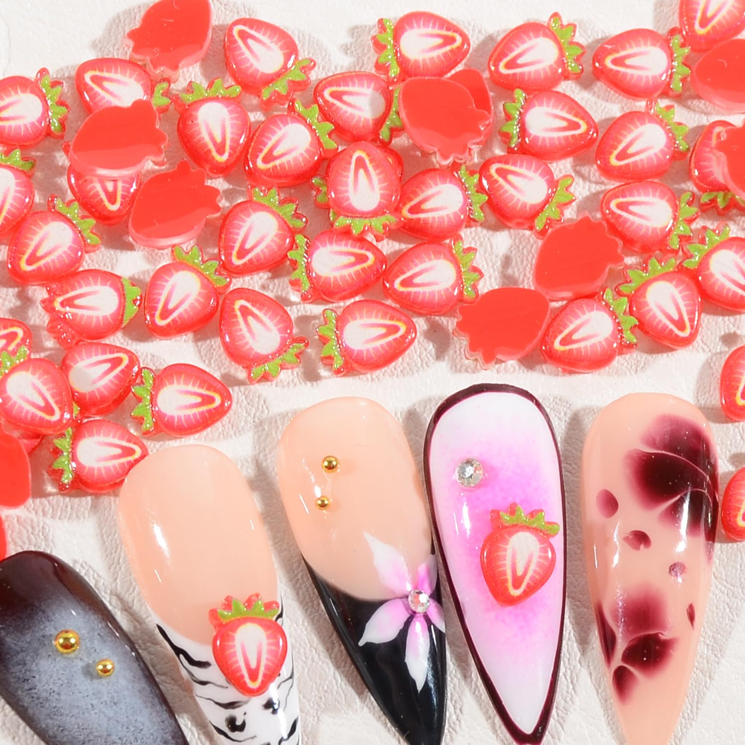 WEILUSI 100PCS Pink Red Strawberry Nail Charms Kawaii Fruit Flatback Resin Charms, 3D Strawberry Nail Art Slices Cute Nail Art Charms Resin