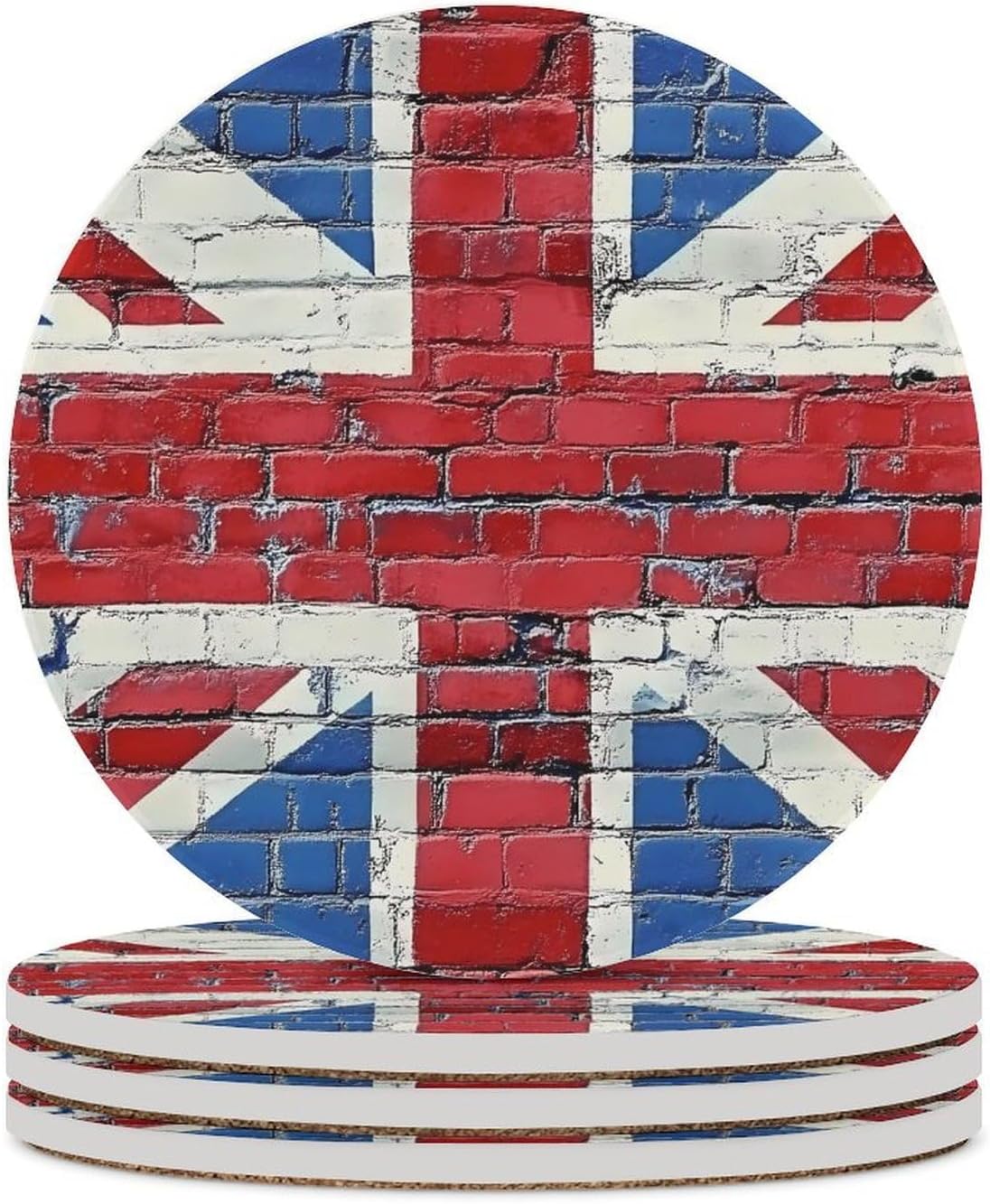 UK English Flag Brick Wall Funny Round Ceramic Coasters for Drink Absorbent Cup Holders Tabletop Protection