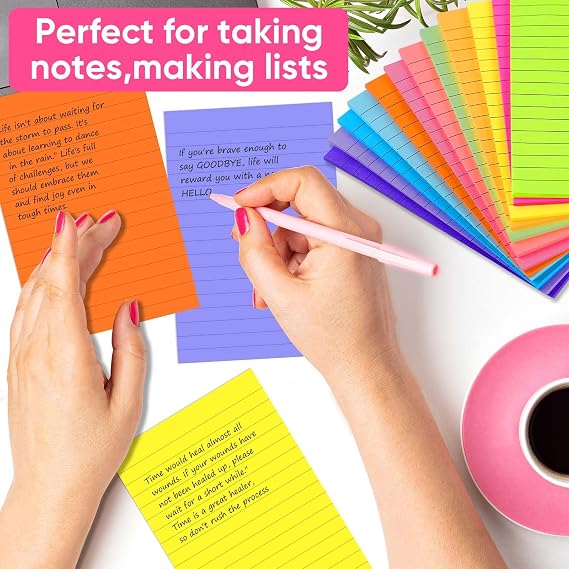 (12 Pack) Lined Sticky Notes 4x6 Inch, 12 Bright Colors - Sticky Note with Lines, Strong Adhesive & No Residue - Large Sticky Notes Thick Paper, for Office School Home Organization 30 Sheets/Pad