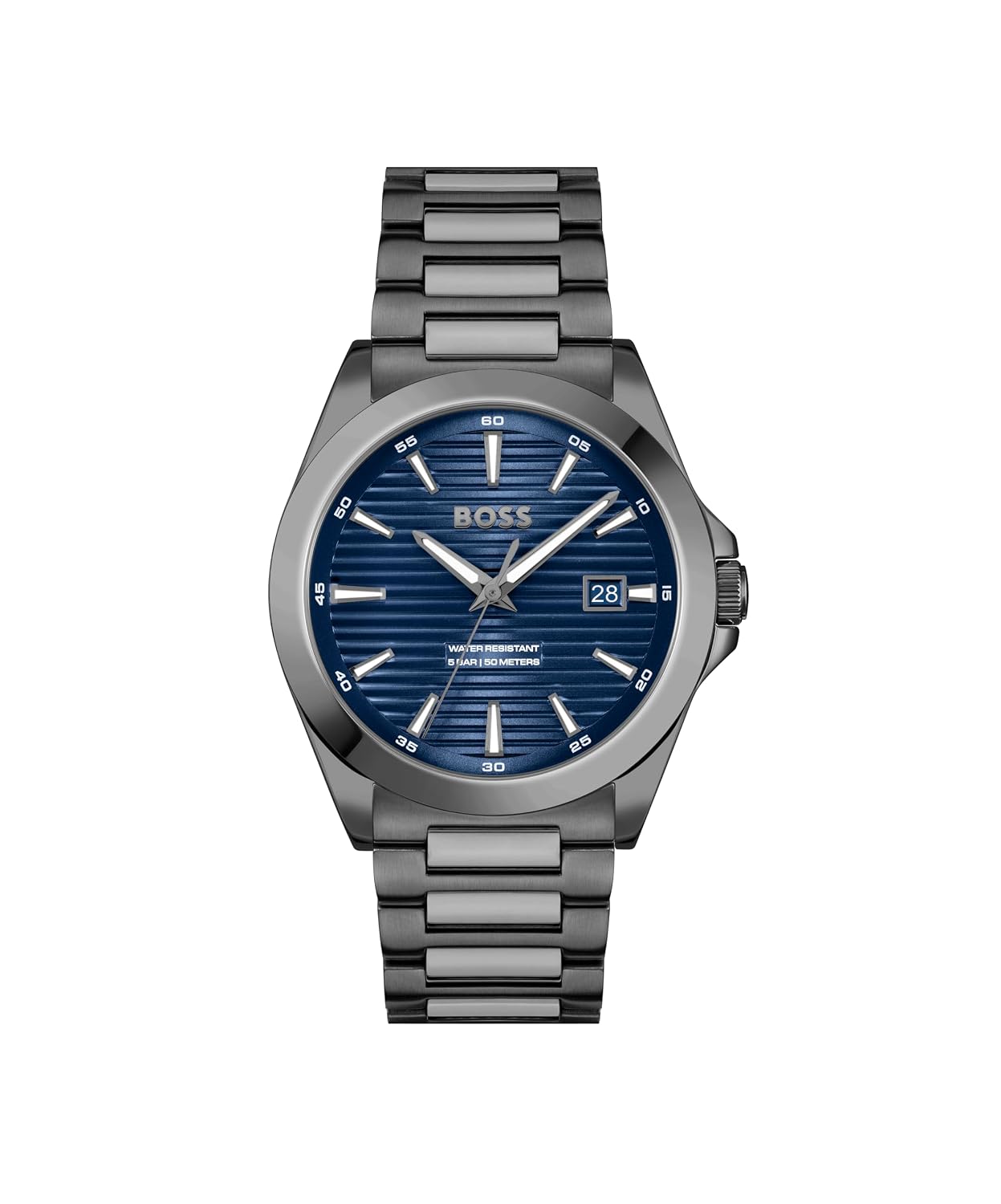 Hugo BOSS Stainless Steel Boss Strike Qtz Basic Calendar Blue Round Dial Men's Analog Watch|Ionic Plated Grey Steel Material|Grey Color Band - 1514175
