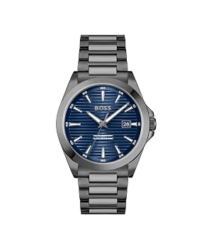 Hugo BOSS Stainless Steel Boss Strike Qtz Basic Calendar Blue Round Dial Men's Analog Watch|Ionic Plated Grey Steel Material|Grey Color Band - 1514175