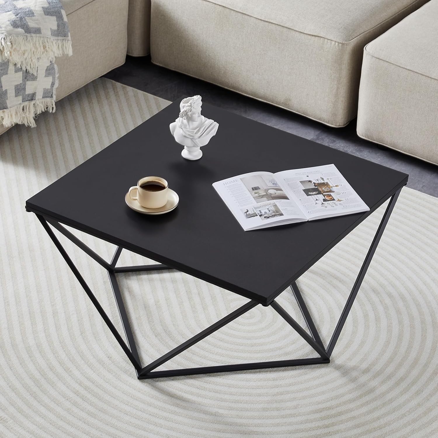 CLIPOP Square Coffee Table - Modern Industrial Style for Living Room Décor, 30"x30" Wooden Table Top, Metal & Triangle Structure Frame, Center Table for Living Room, Home Office, Apartment, Black