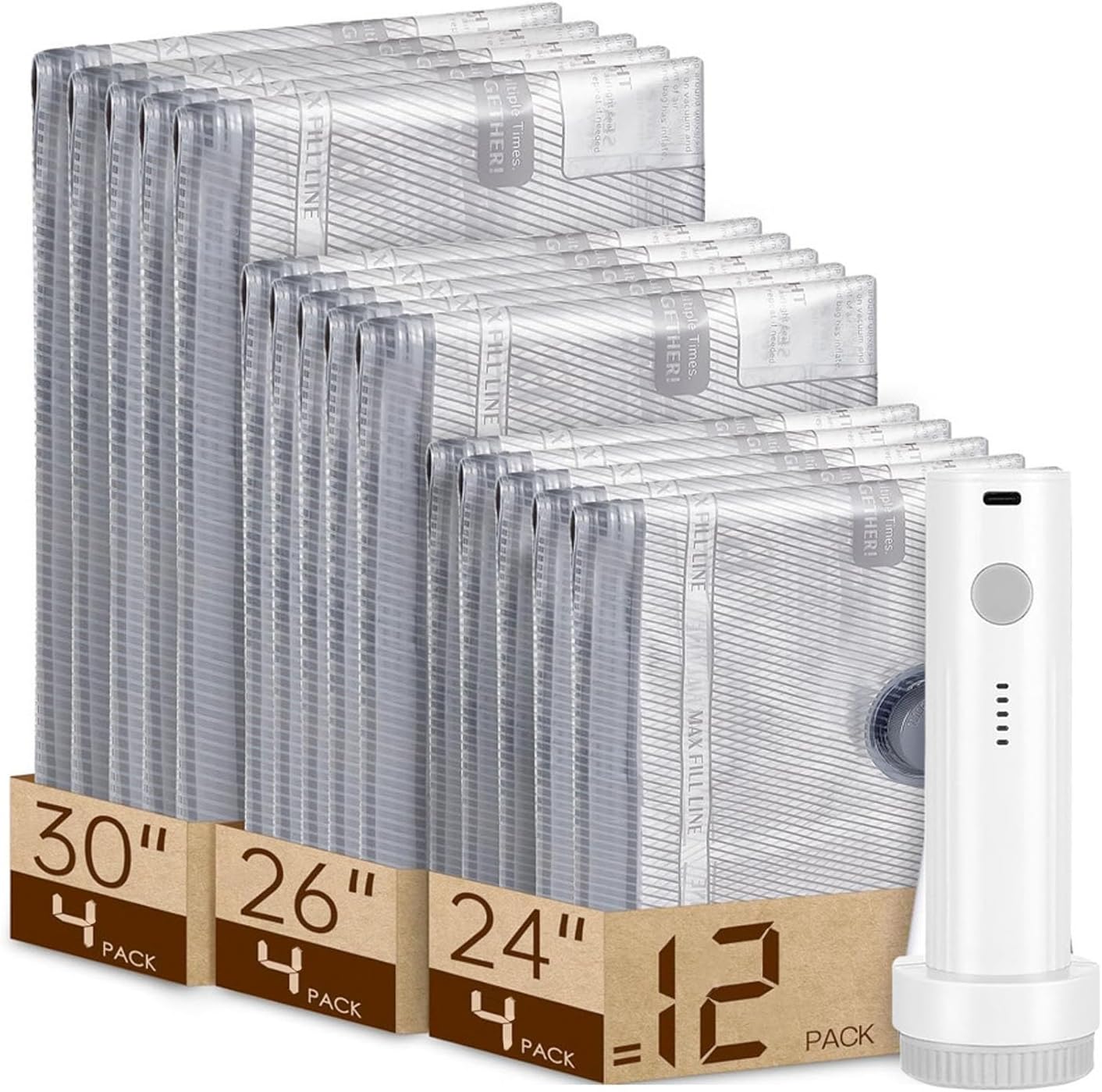 Max-Compression Travel Kit — Vacuum Bags for Travel with Rechargeable Air Pump, Carry-On Size, Space-Saving Compression Bags for Clothing and Clothes Storage (12 Pcs)