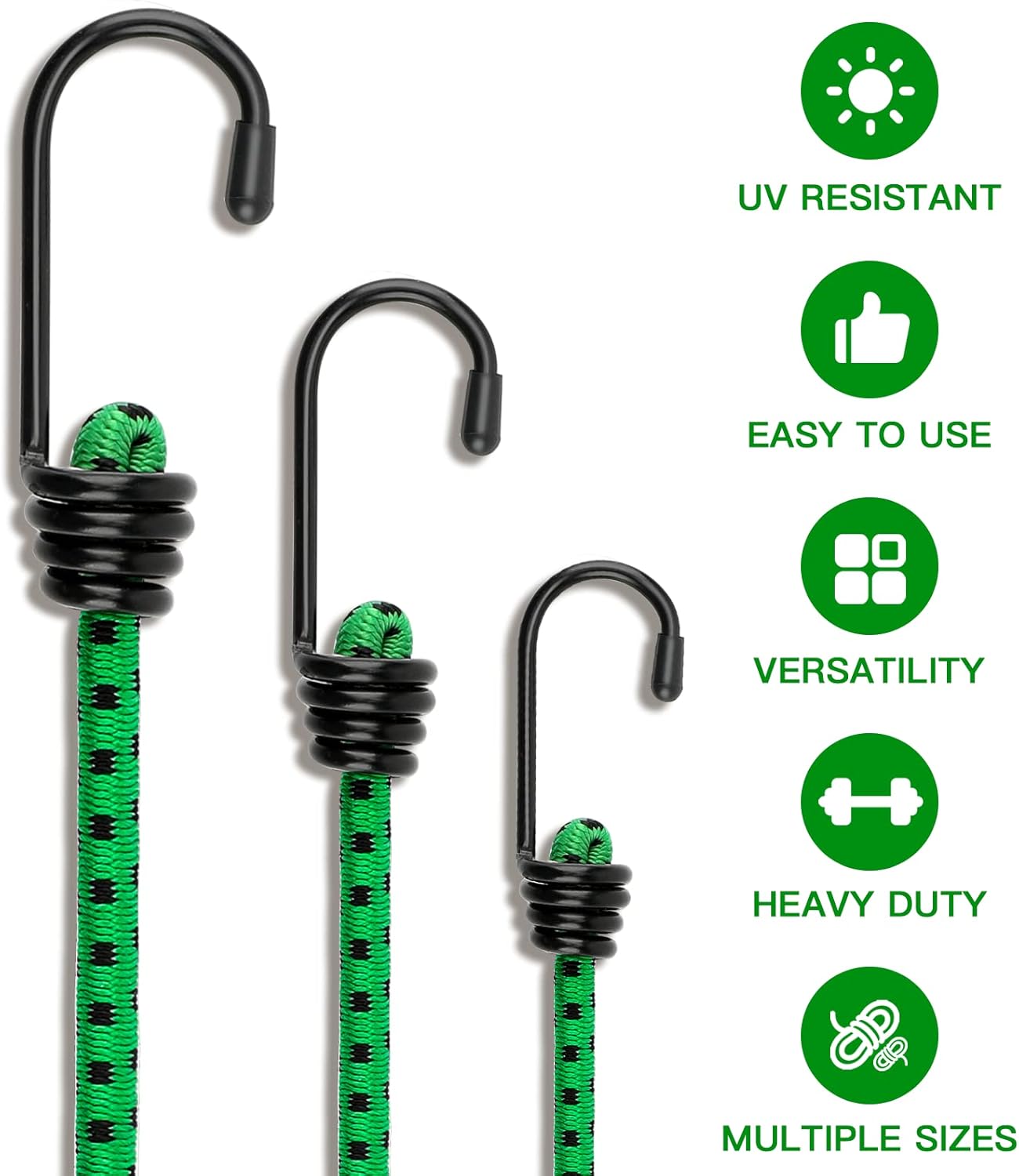 RIO Direct Bungee Cords with Hooks 32 Inch - Green Bungee Cords Heavy Duty Outdoor - Assorted Sizes Elastic Bungee Straps for Camping, Luggage, Cargo, Bike Rack, Tarps, Tents, Roof Rack - 4 Pack