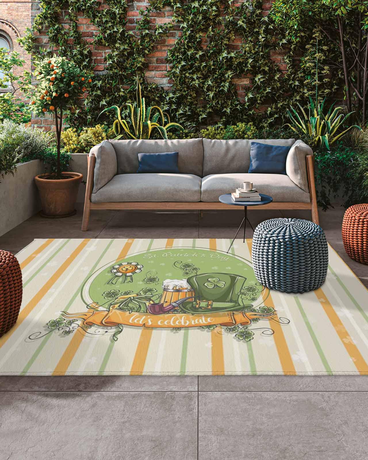 Outdoor Rug Leprechaun Hat Patio Porch Rug Mat Pipe Beer Shamrock Clover Stripe Absorbent Camping Rugs for RV Balcony Picnic Outside Carpet Area Rug Backyard Decor 4 x 6 ft