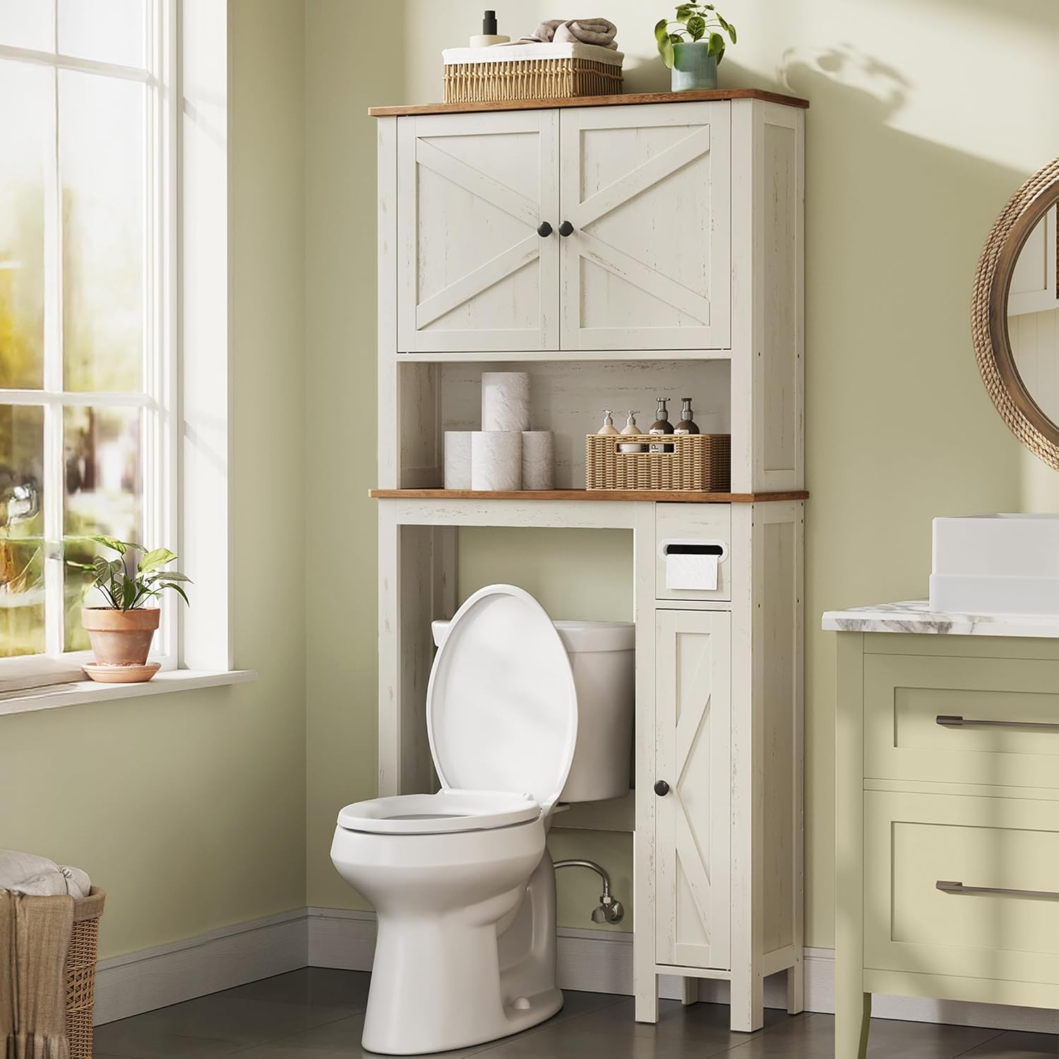 VASAGLE LIRY Collection - Over-the-Toilet Storage Cabinet, 31.3-Inch Wide Farmhouse Bathroom Organizer, Barn Doors, Toilet Paper Holder, Adjustable Shelves, Space-Saving, Rustic White UBTS027WJ01S