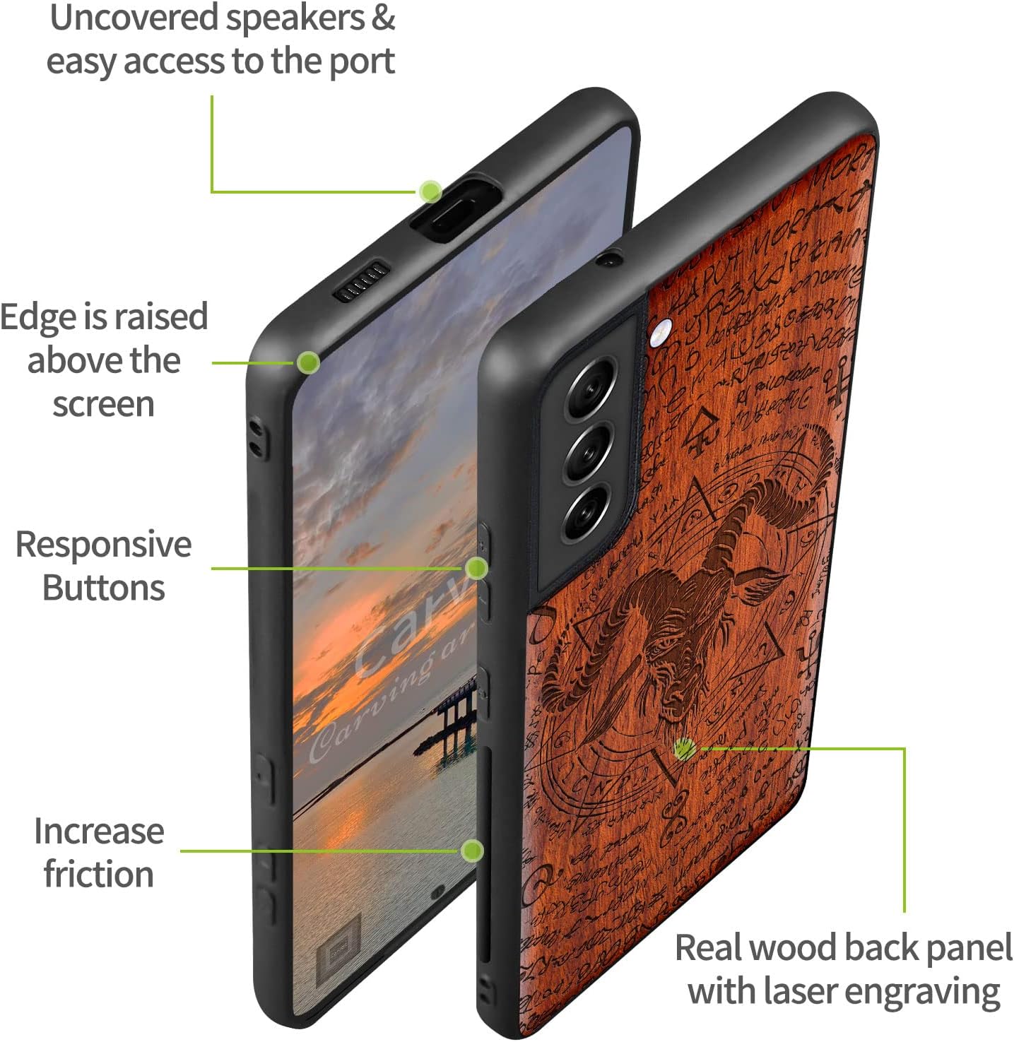 Carveit Wood Case for Galaxy S21 Case [Natural Wood & Black Soft TPU] Shockproof Hybrid Protective Unique Wooden Cover Compatible with Samsung S21 5G (The Devil -Baphomet-Rosy)