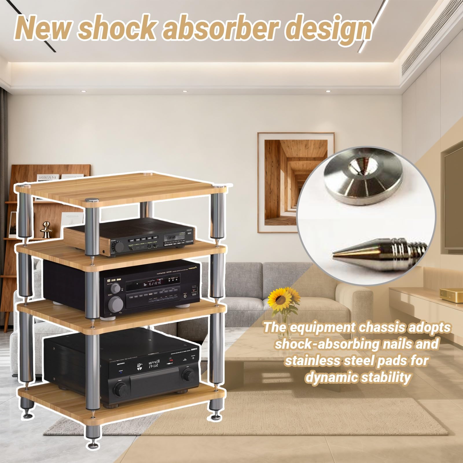 Mobiletto AV HiFi A 3 Ripiani Ripiano In Legno Supporto Per Giradischi Mobile Stereo Sound Tower Rack Portaoggetti Per Console Multimediali(Teak color,Three-layer)
