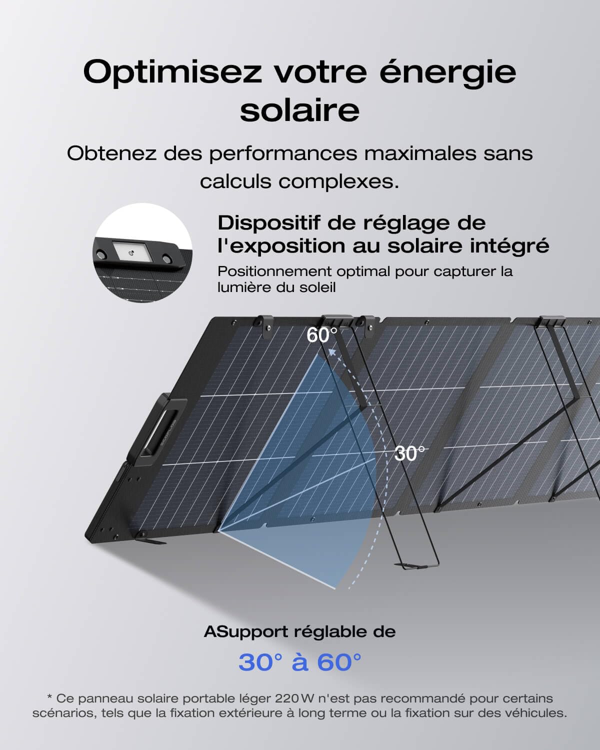 EcoFlow Panneau solaire portable léger 220 W, bifaciale, rendement jusqu'à 25%, cellule solaire de type N, support réglable, câble XT60 intégré, réglage exposition solaire intégré, étanchéité IP68