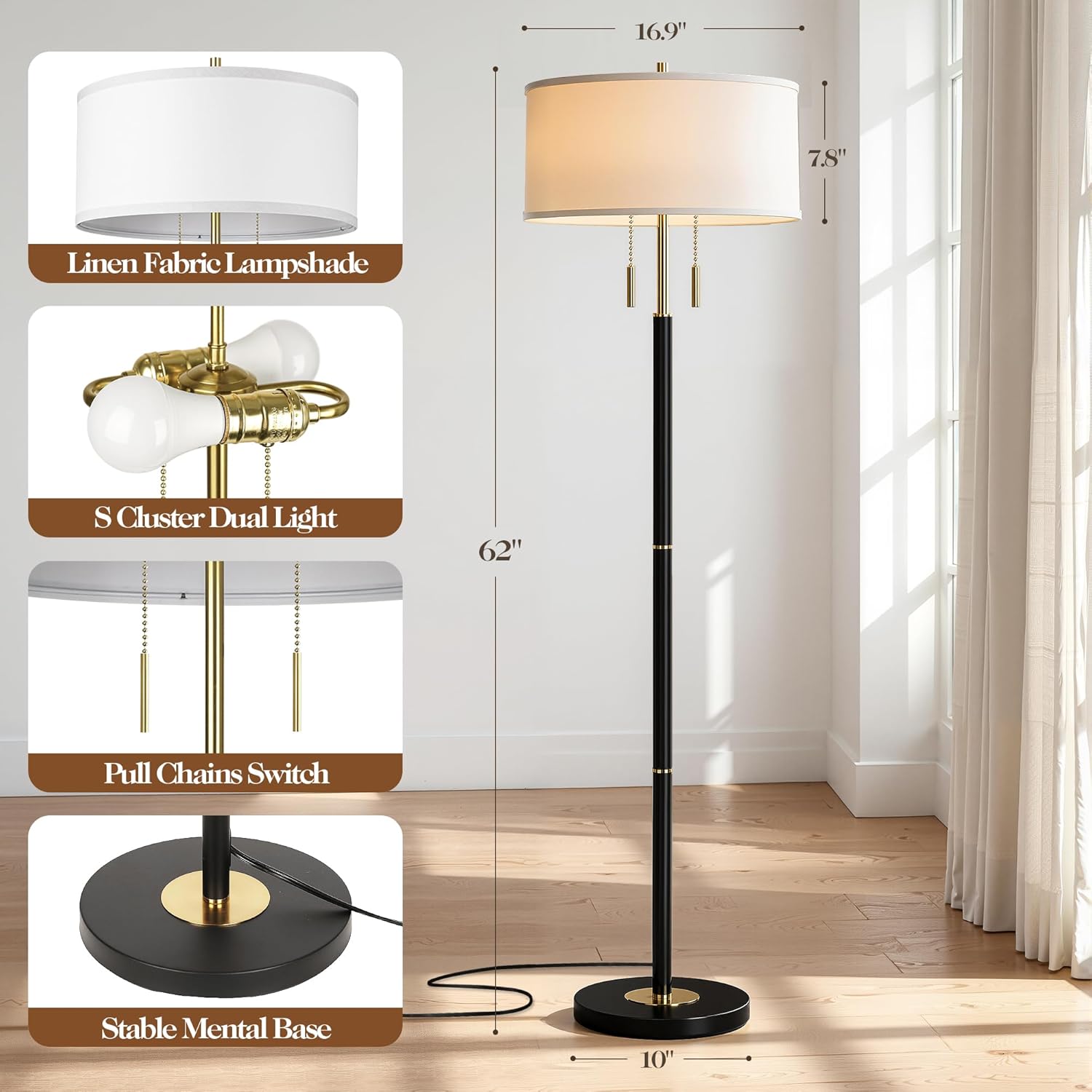 2-Light Mid Century Modern Floor Lamp, Standing Lamp with Fabric Shade and Pull Chain Switch, Tall Floor Lamp for Living Room, Bedroom,Office Corner (Black, 2X 3CCT Bulb Included)