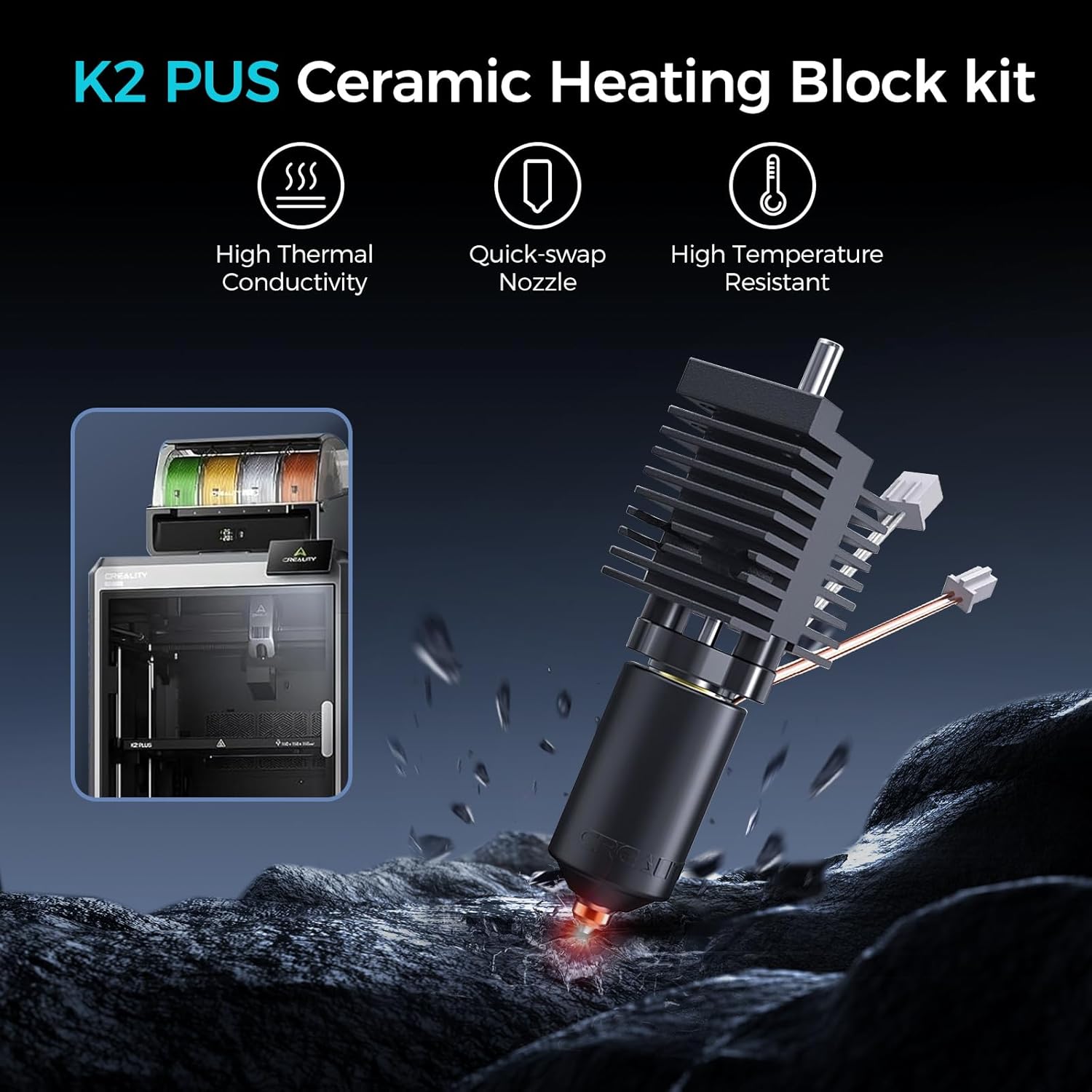 Creality Official K2 Plus Ceramic Heating Block Hotend Kit, with Quick-swap Nozzle Kit, Supports 350°C High Temperature, All-Metal Integrated Design Extruder Hotend for 3D Printer K2 Plus Combo For K2 Plus
