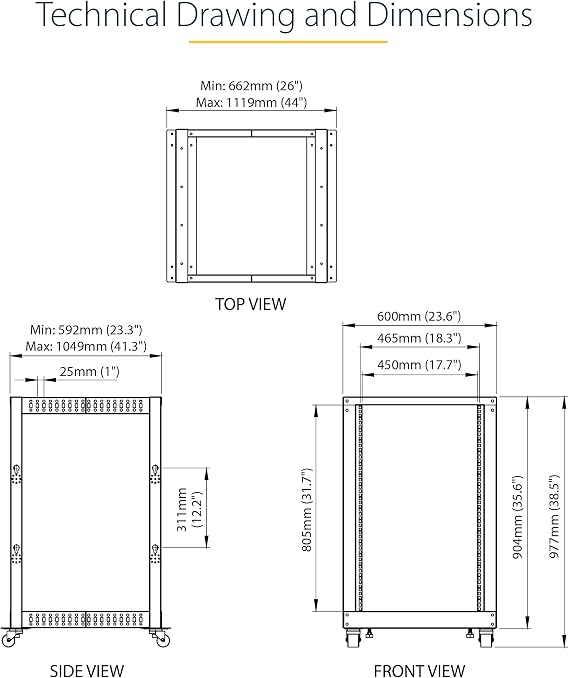 4-Post 18U Mobile Open Frame Server Rack, 19in Network Rack with Wheels, Rolling Rack for Computer/AV/Data/IT Equipment - Casters, Leveling Feet or Floor Mounting (4POSTRACK18U)