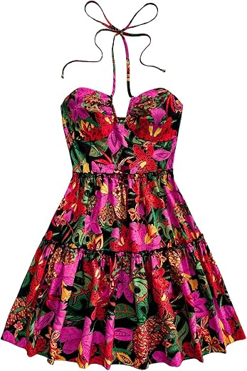 Floerns Women's Floral Sleeveless Halter Dress Milkmaid Flare Hem Boho Mini Dress