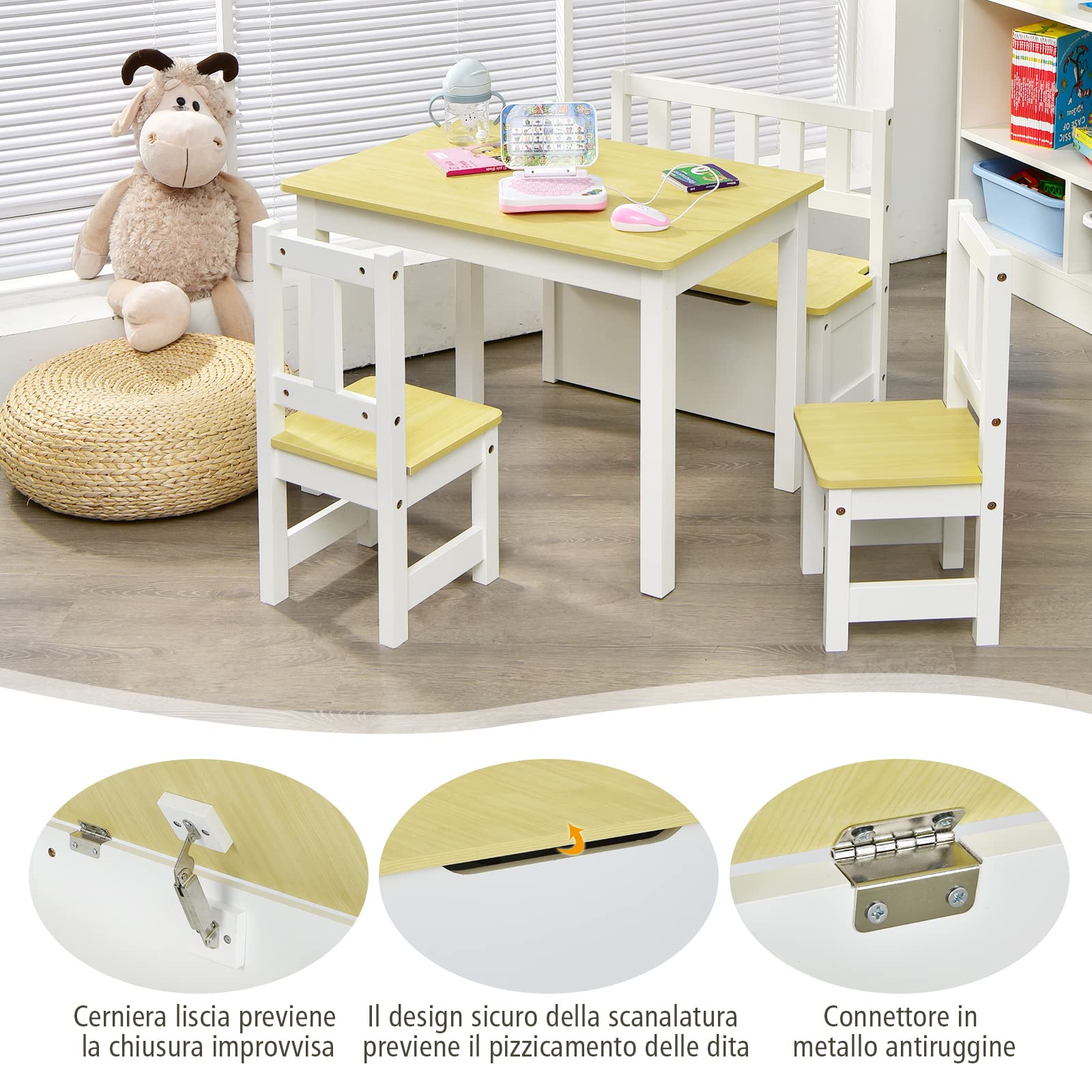 COSTWAY Set 4 Pezzi Tavolo e Sedie per Bambini, 2 in 1 Tavolino Attività di Legno per Bambini con 2 Sedie e 1 Panca, per Giocare Disegnare Leggere e Mangiare (Naturale)
