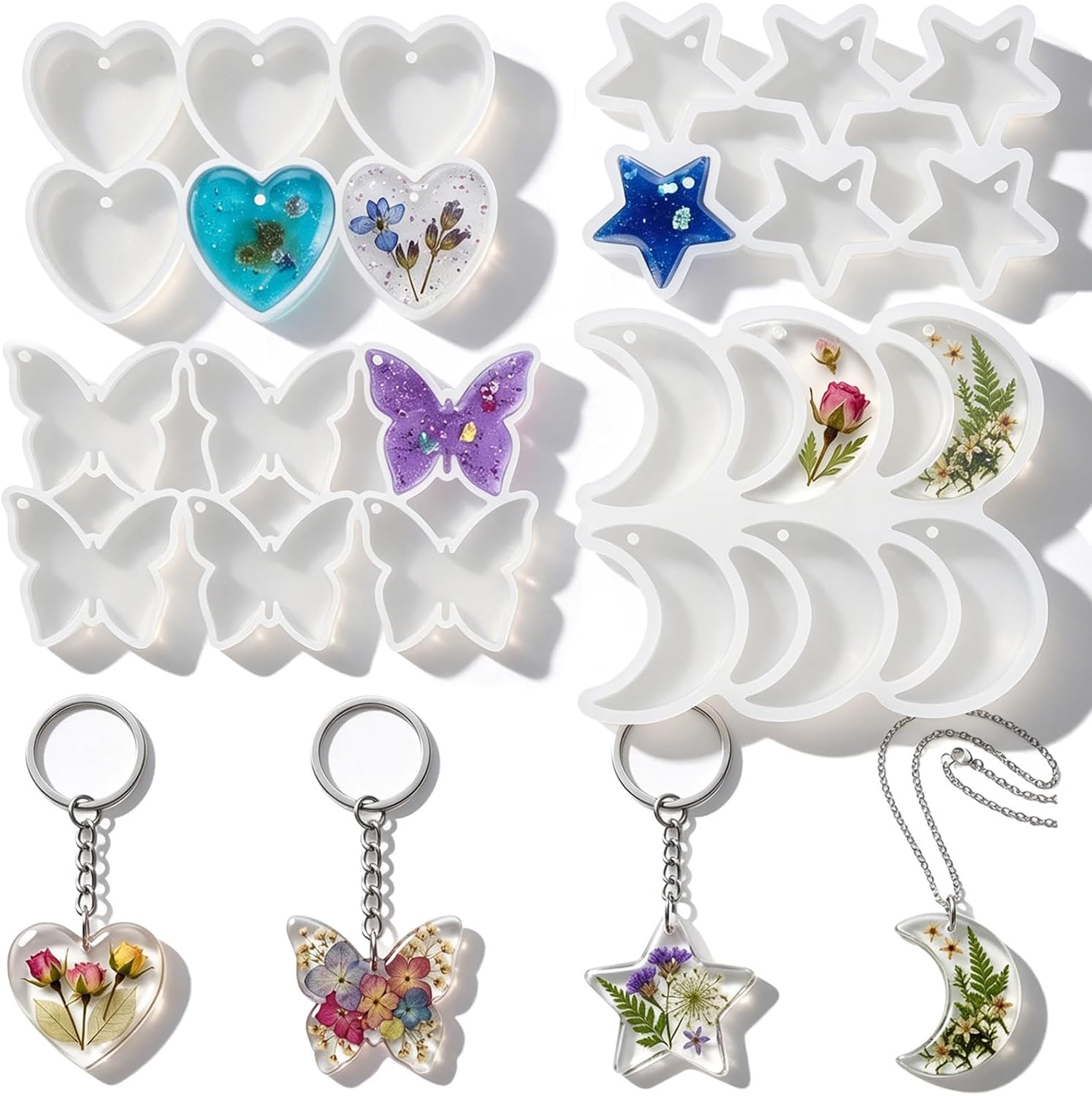 24-Cavity Resin Jewelry Mold, Butterfly Heart Star Moon Pendant Keychain Silicone Molds, Silicone Fondant Molds for Chocolate, Candy, Cake Decorations, Clay, Jewelry and Resin Crafts
