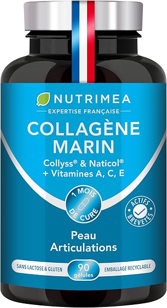 COLLAGENE MARIN - Type 1 BREVETÉ Pur et Naturel - Vitamines A, C & E Végétales - Nutrimea - Hydratation de la Peau - Protège Os et Articulations - 900 mg - 90 Gélules - Fabriqué en France - 1