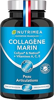 COLLAGENE MARIN - Type 1 BREVETÉ Pur et Naturel - Vitamines A, C & E Végétales - Nutrimea - Hydratation de la Peau - Protège Os et Articulations - 900 mg - 90 Gélules - Fabriqué en France