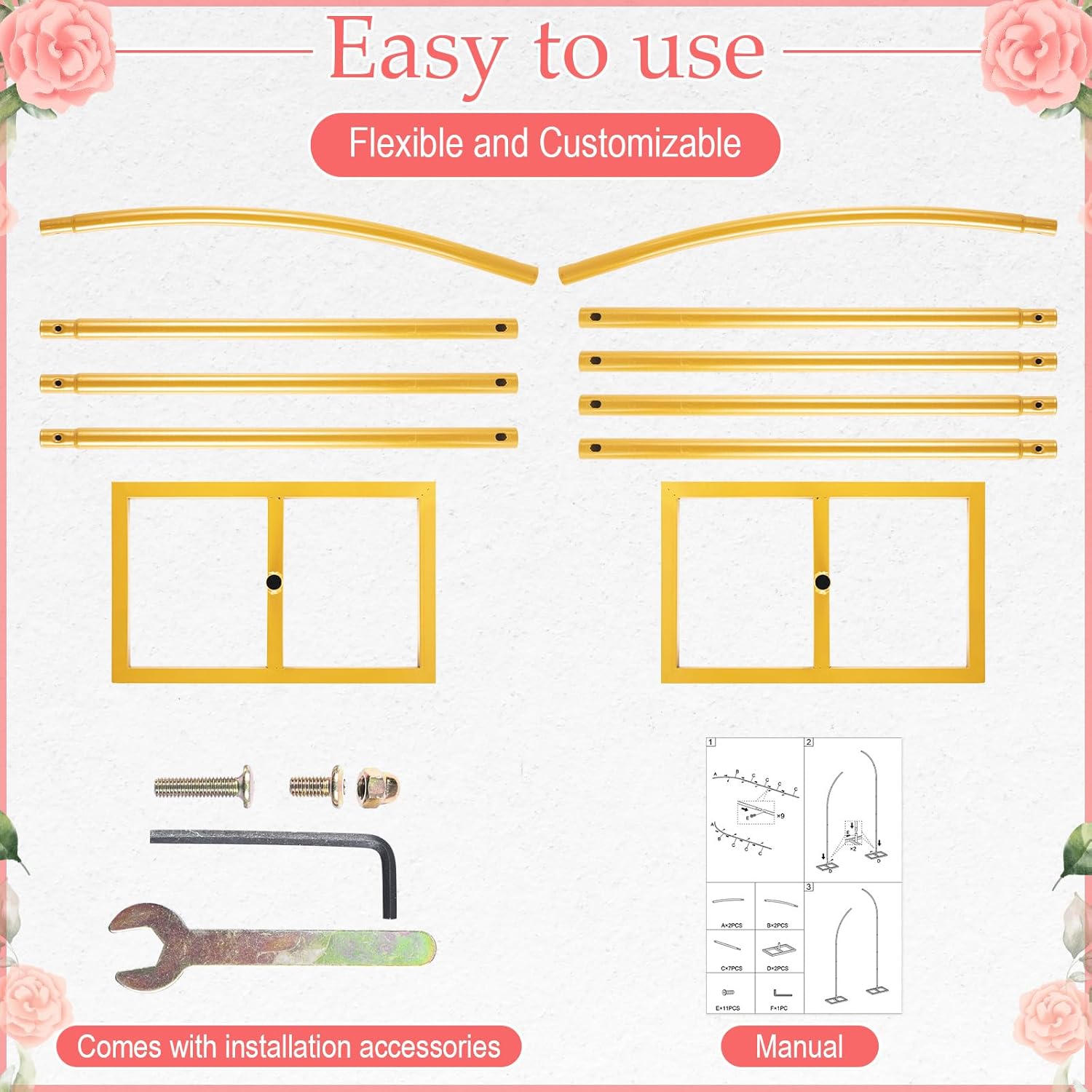 2 Set Metal Wedding Arch Stand Gold Curved Backdrop Stand for Wedding, Birthday Ceremony Baby Shower