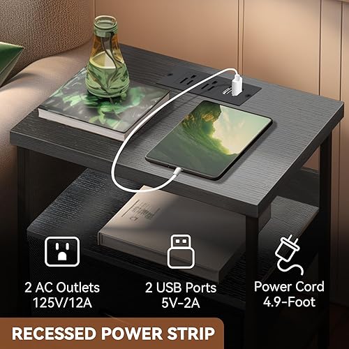 Miniatura 5 de Juego de 2 mesitas de noche con cajones de tela, mesa auxiliar con estación de carga, mesita de noche LED con puertos USB y tomas, mesa auxiliar