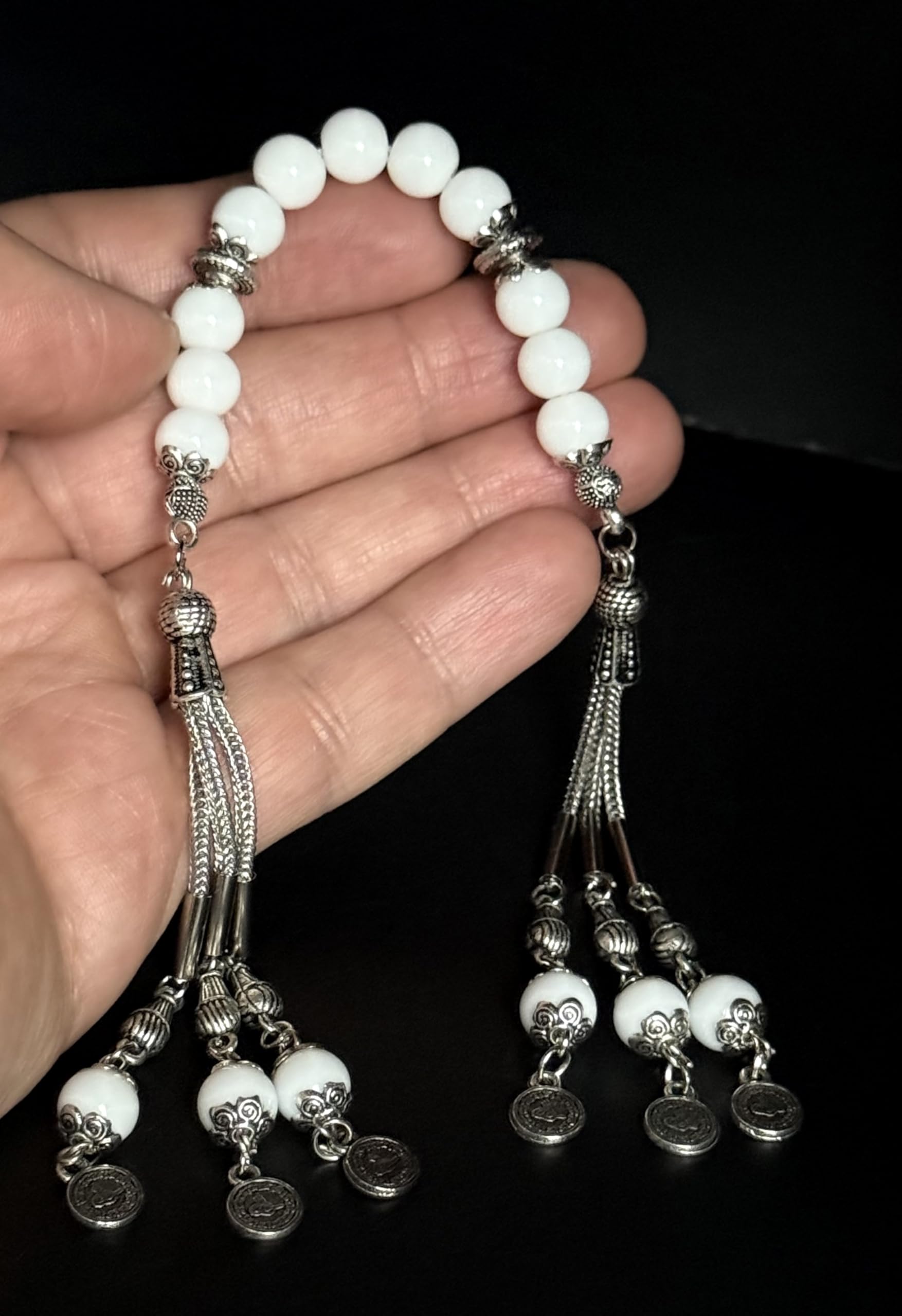 Generisch Zaza Tesbih Doğal Taş Oniks 8 mm OSMANLI Tugra Püsküllü ZAZA Tespih Gebetskette Naturstein,Tasbih Misbaha Rosary Subha Amber Onyx weiße Stein Geschenkidee NEU