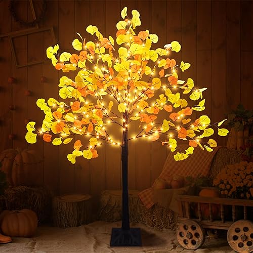 Árbol de Ginkgo preiluminado de otoño de 4 pies con temporizador de 140 LED, árbol de otoño con luces y 8 modos intermitentes, decoración de otoño