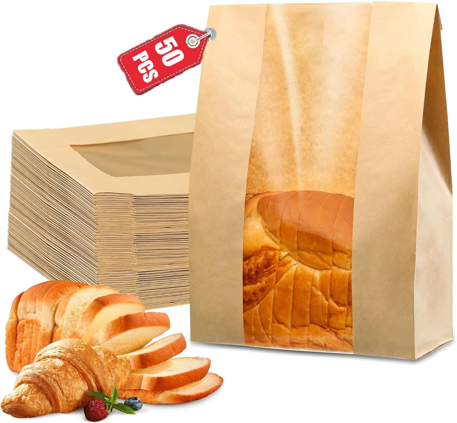 50 Pack Kraft Sourdough Bread Bagss(31cmx21cmx9cm),Large Paper Bakery Bags with Clear Window for Homemade Bread, Baked Food Packaging Storage,Bread Bag(Brown)