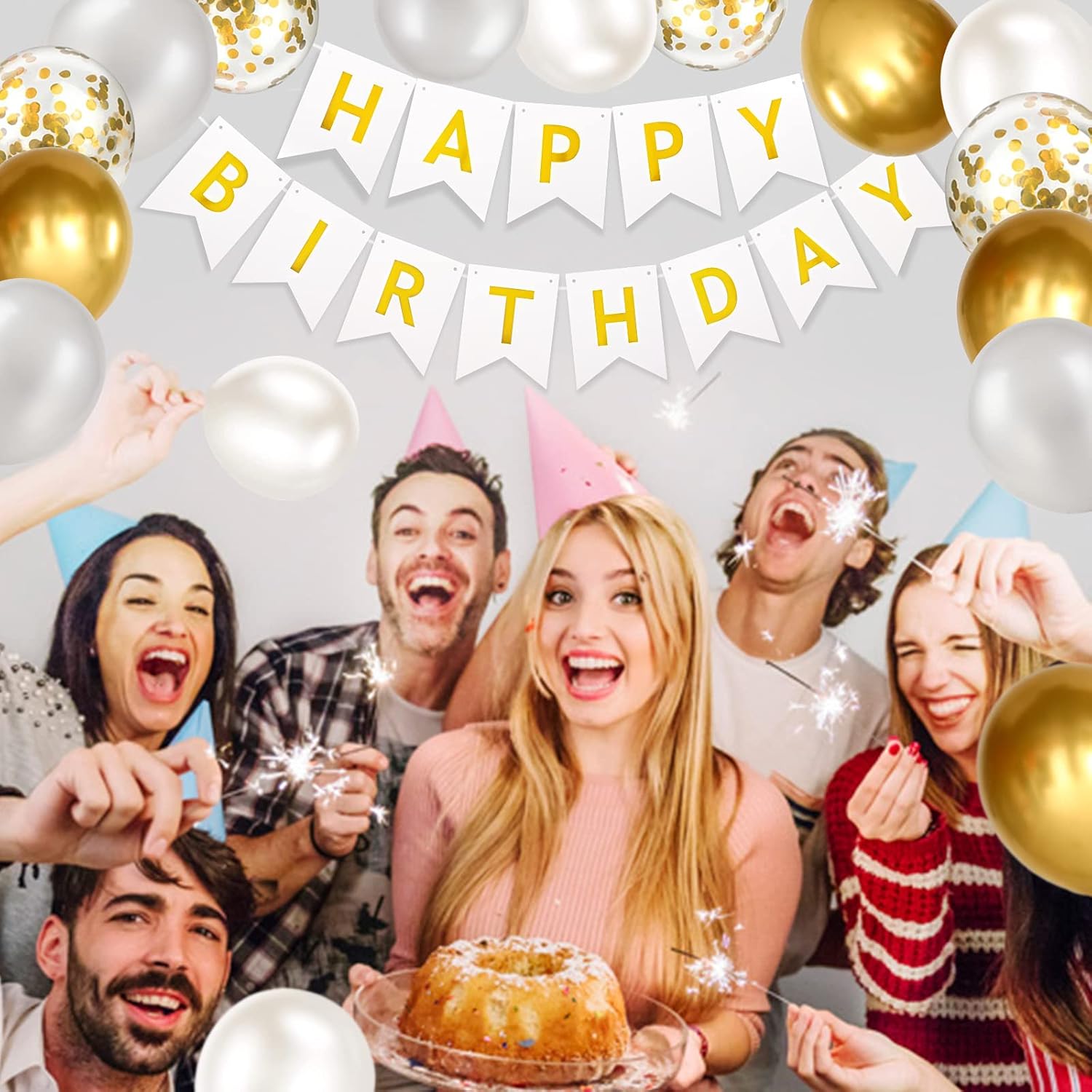 Happy Birthday Banner Bunting White and Gold Balloons Confetti Latex Balloon Party Banners for Women Men Girls Birthday Banner Decorations