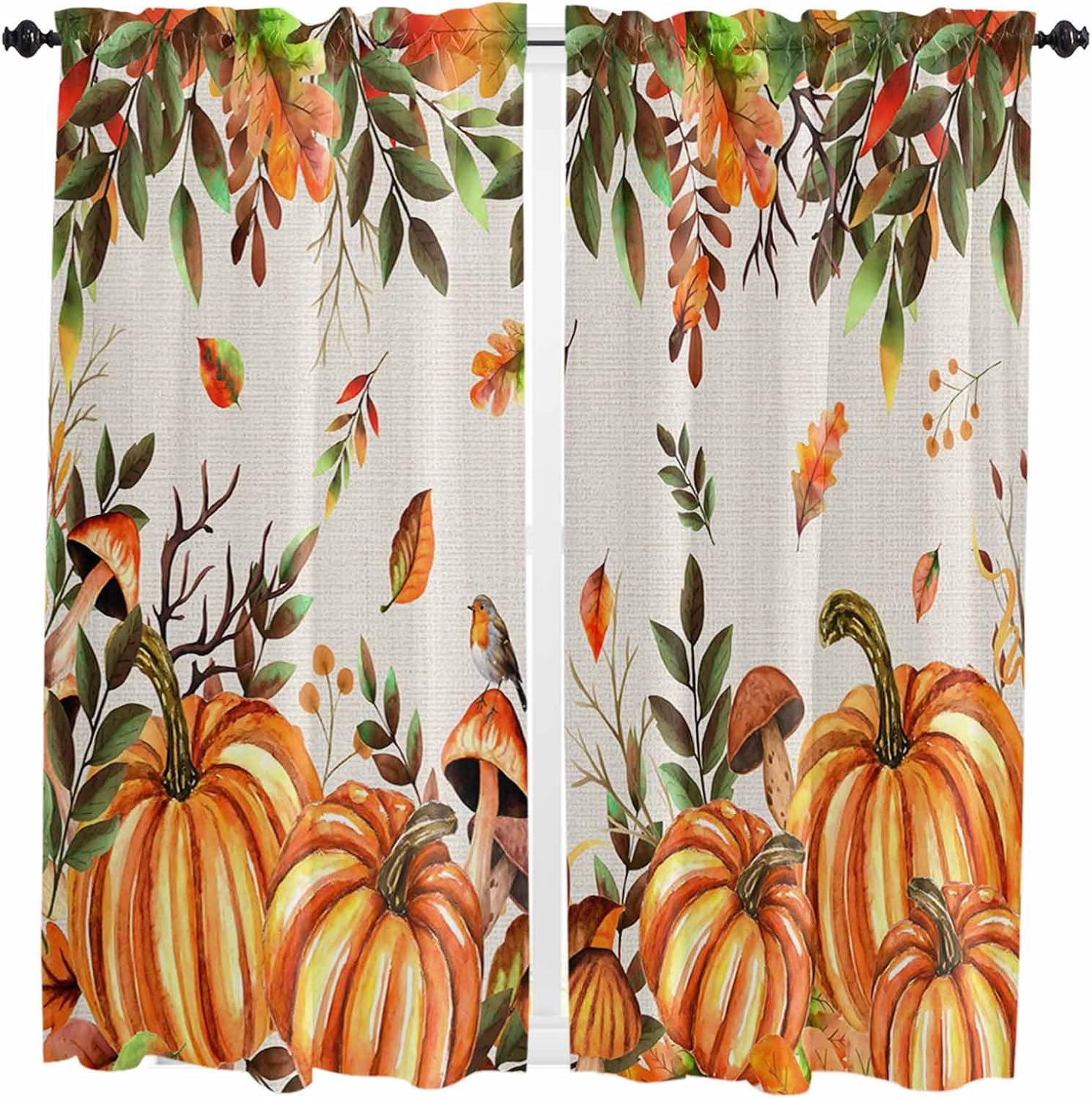 Orange Yellow Pumpkin Fall Kitchen Curtains, Thanksgiving Botanical Rustic Leaves Light Filter Window Curtain, 2Pcs Rod Pocket Window Treatments Set for Living Room Bathroom Bedroom 42x63 Inches