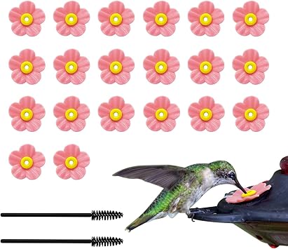 20 Set Hummingbird Feeder Replacement Flowers with Cleaning Brush Pink Flowers Feeder Parts Replacement for Hanging Feeding Hummingbird Outdoors Pink