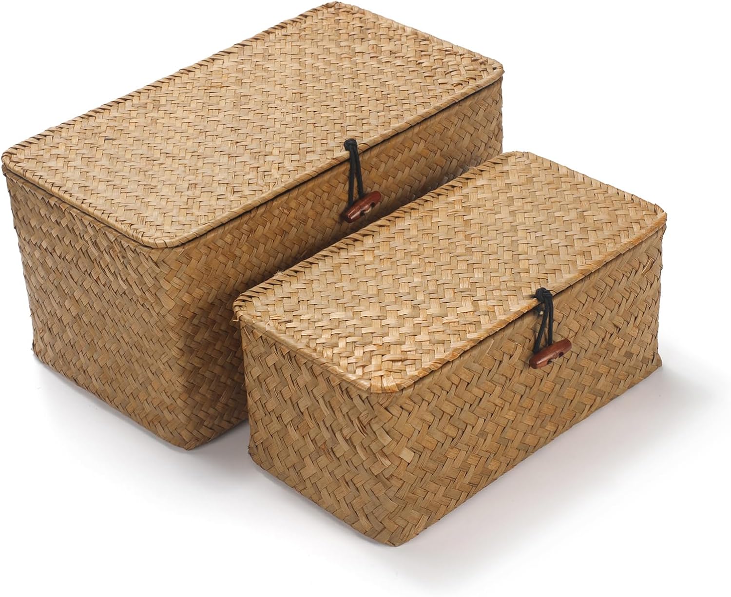 Rectangular Seagrass Storage Basket with Lid, Natural, Set of 2 (M+S) | Handwoven Home Organizer