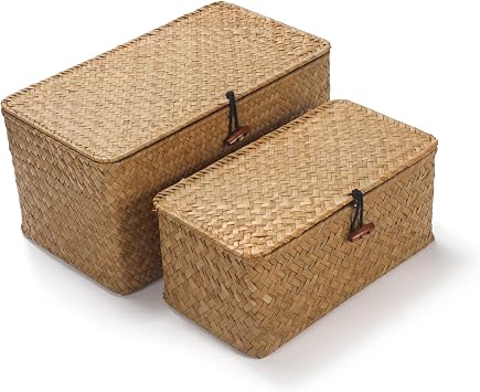 DOKOT Rectangular Seagrass Storage Basket with Lid, Natural, Set of 2 M+S
