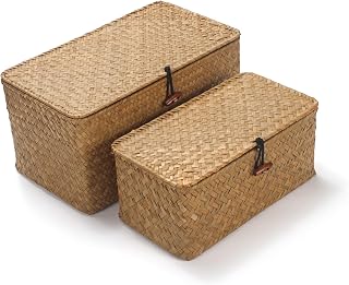 Rectangular Handwoven Seagrass Storage Basket with Lid for Shelves and Home Organizer Bins Set of 2(Natural M+S)