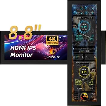 8.8 Inch Mini Monitor, 1920x480 Secondary Screen, PC Case Screen for Raspberry Pi, AIDA64 PC CPU GPU RAM Data Monitor