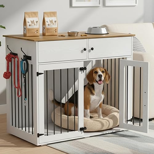 Miniatura 8 de Perrera de madera para perros de 41 pulgadas, muebles para perros con muebles estilo jaulas y mesa para perros medianos, divisor extraíble, puertas