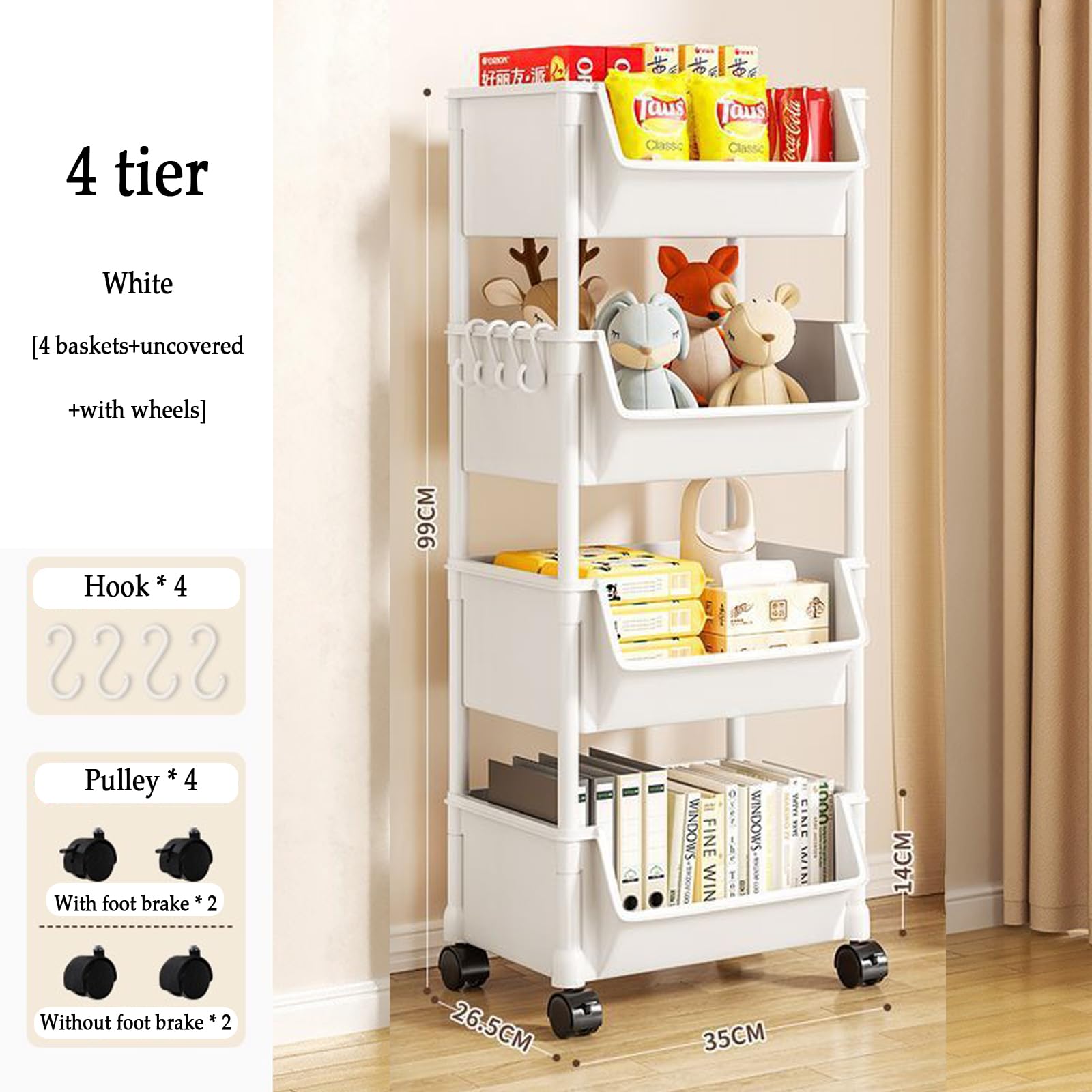 Scaffale sottile a 4 ripiani con rotelle, per cucina e prodotti di bellezza, libreria compatta su ruote