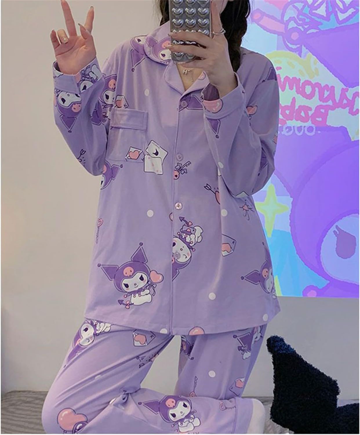 Kawaii Cartoon Pijama Mujer Niña Camiseta de Manga Larga y Pantalón Largo Conjunto 2 Piezas Ropa de Domir para Primavera Verano Morado/1 M