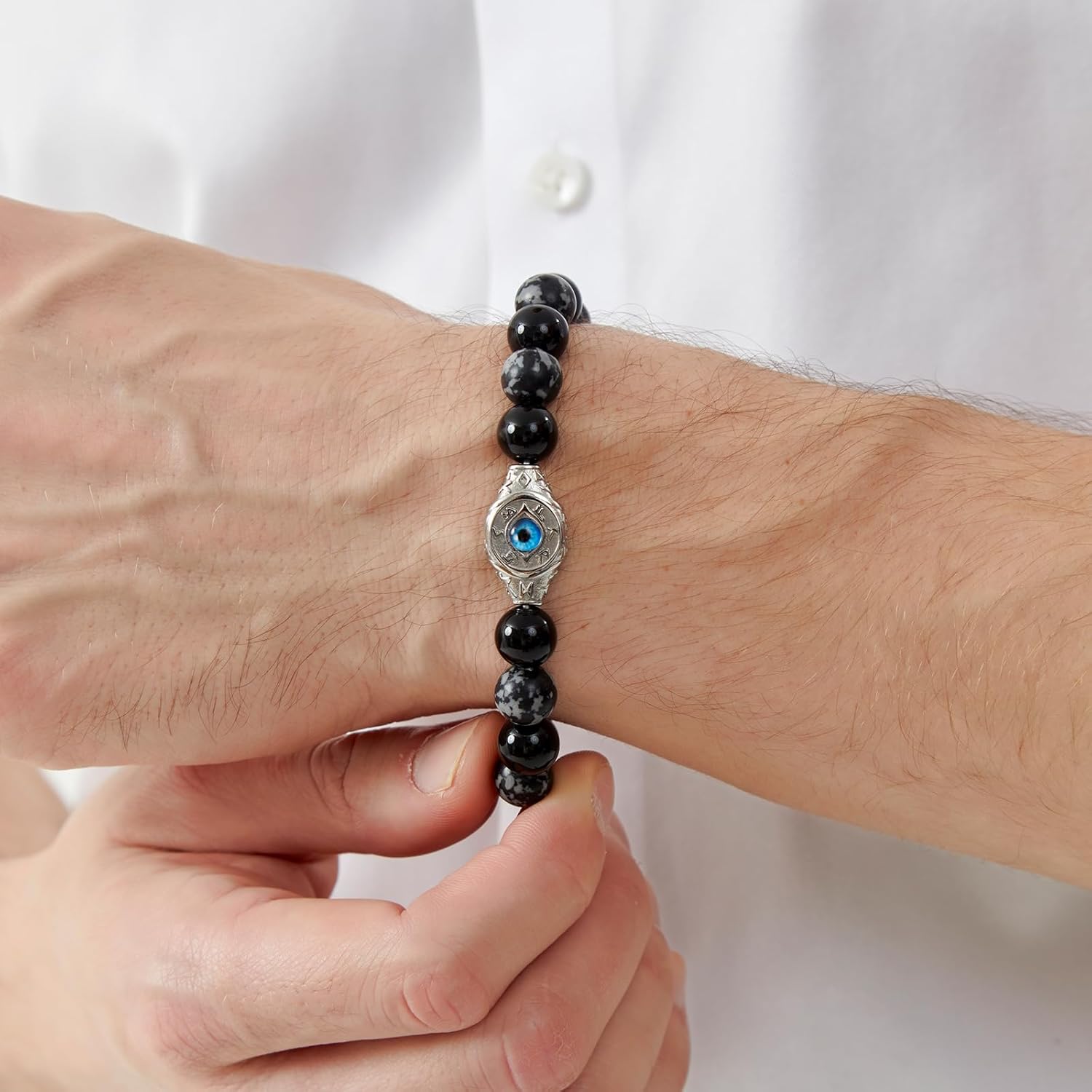 Men's Evil Eye Bracelet, 10mm Beaded Bracelet with Natural Gemstones, Adjustable Elastic Design, Gift for Anniversary, Christmas and Thanksgiving, Silver Obsidian/Tiger Eye/Hematite/Snowflake Obsidian/Black Agate
