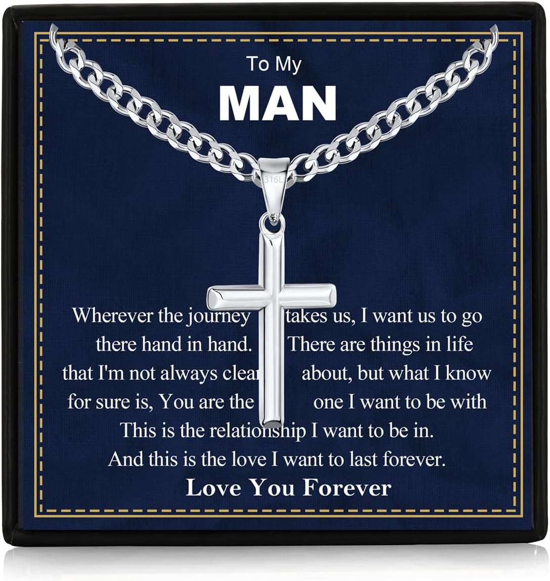 Gifts for Men/Son/Dad/Brother/Him 316L Stainless Steel Cross Necklace for Boy Silver Cross Pendant Mens Necklace with Inspirational Card Jewellery