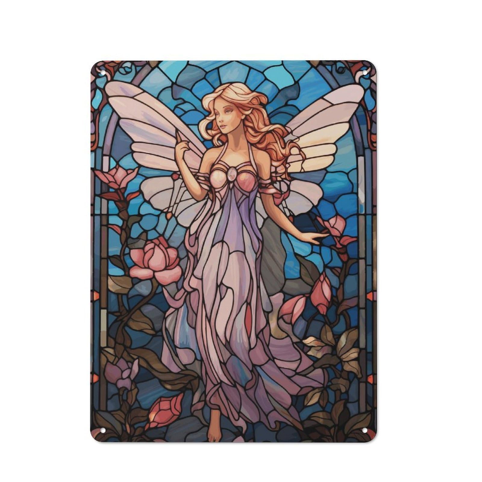 Retro Metal Sign with Fairy Stained Glass Design 40x30cm, Nostalgic Vintage Wall Decor for Kitchen, Hallway, Bar Or Small Cafe
